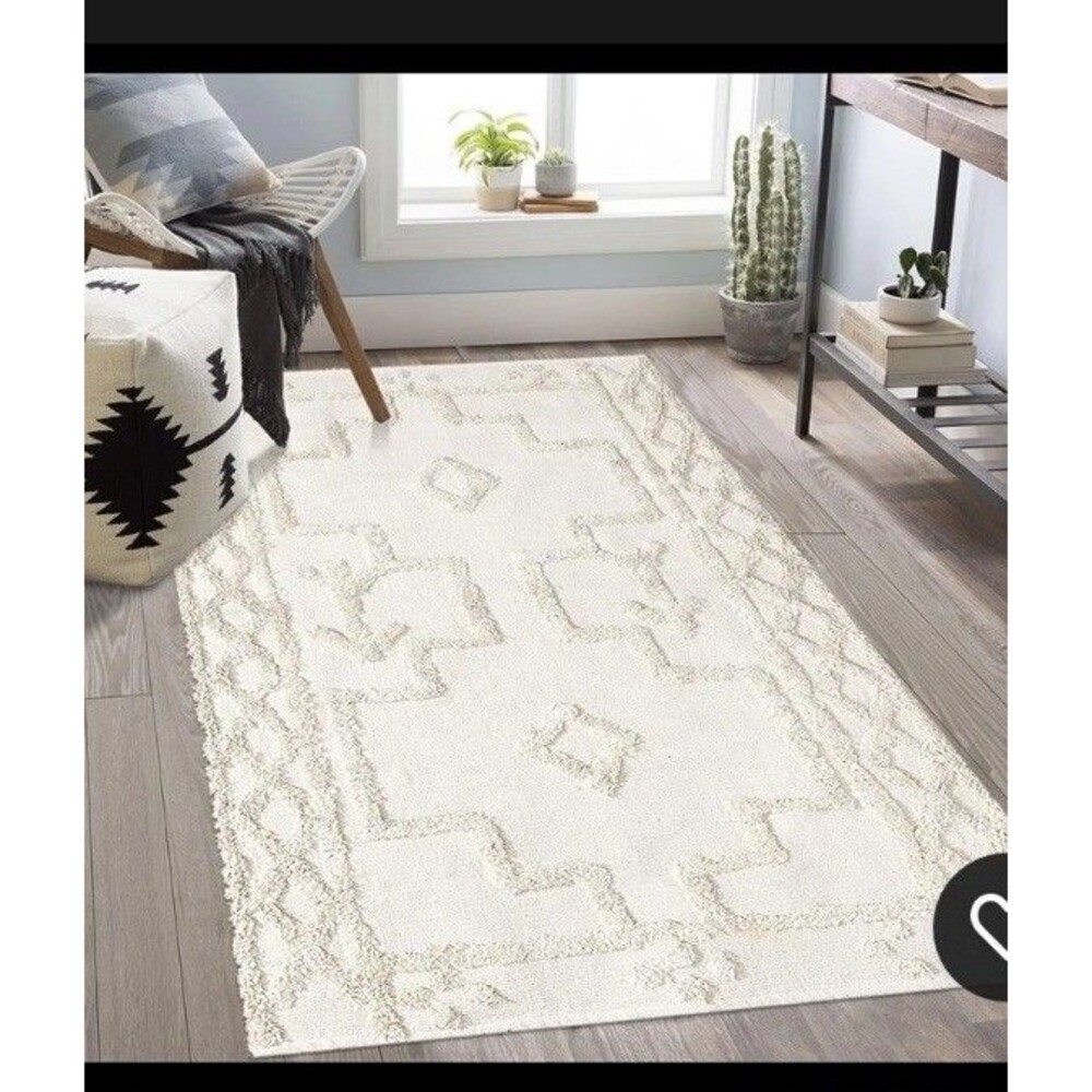 Boho Washable Rug 4' x 6', Beige Cotton Farmhouse Living Room Rug - Picture 3 of 5